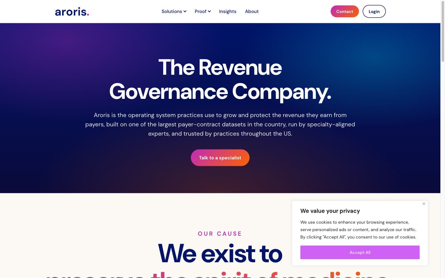 Aroris Health about page — The Revenue Governance Company